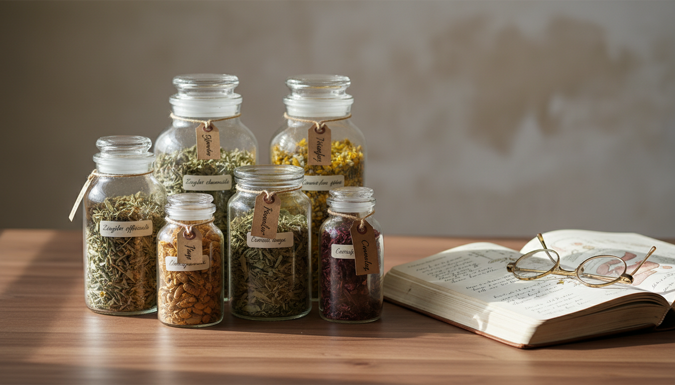An elegantly arranged still life featuring a collection of vintage glass apothecary jars filled with dried medicinal herbs and spices, each labeled with handwritten calligraphy on muted parchment tags. The jars are placed on a walnut wood tabletop with a subtle grain, accompanied by an open leather-bound journal displaying clinical notes and delicate botanical sketches. Soft morning sunlight streams in from the side, creating gentle highlights on the glass surfaces and casting elongated, understated shadows across the table. The composition is centered and thoughtfully spaced, with a shallow depth of field that blurs the minimalist, neutral-toned background. The overall mood is calm, scholarly, and introspective, supporting a sophisticated yet accessible exploration of gastroenterology and holistic science. The image style is photographic realism with a minimalist, refined aesthetic.